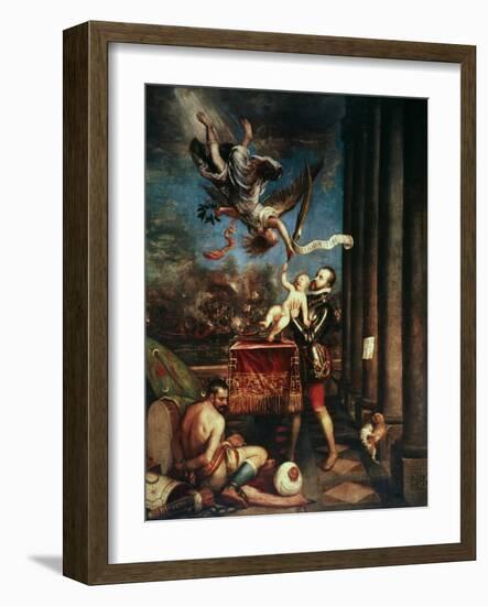 King Philip II Offering His Son, Prince Ferdinand to God after the Victory of Lepanto-Titian (Tiziano Vecelli)-Framed Giclee Print