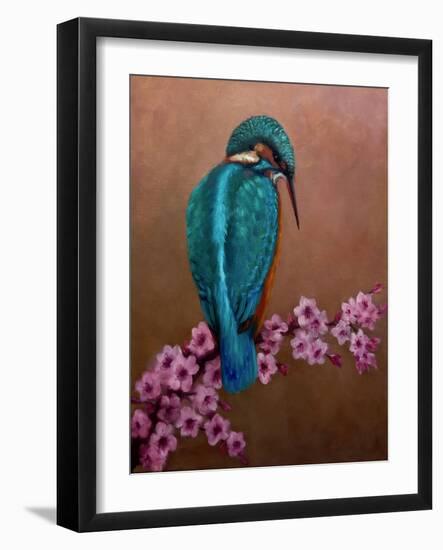Kingfisher and blossoms, 2021 (oil on canvas)-Lee Campbell-Framed Giclee Print