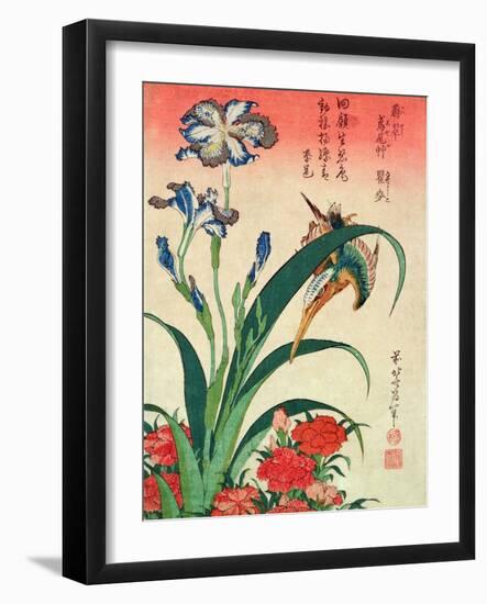 Kingfisher, Iris and Pinks, Pub. by Nishimura Eijudo, C.1832, One of a Set of Ten Prints-Katsushika Hokusai-Framed Giclee Print