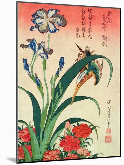 Kingfisher, Iris and Pinks, Pub. by Nishimura Eijudo, C.1832, One of a Set of Ten Prints-Katsushika Hokusai-Mounted Premium Giclee Print