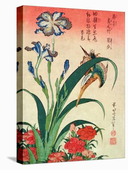 Kingfisher, Iris and Pinks, Pub. by Nishimura Eijudo, C.1832, One of a Set of Ten Prints-Katsushika Hokusai-Stretched Canvas
