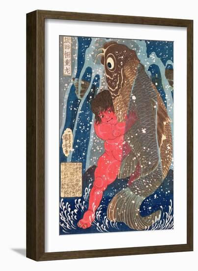 Kintoki Swims up the Waterfall-Kuniyoshi Utagawa-Framed Giclee Print