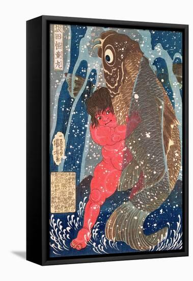 Kintoki Swims up the Waterfall-Kuniyoshi Utagawa-Framed Stretched Canvas