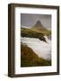 Kirkjufellsfoss in autumn with hiker to show scale, Iceland, Polar Regions-Jon Reaves-Framed Photographic Print