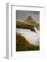 Kirkjufellsfoss in autumn with hiker to show scale, Iceland, Polar Regions-Jon Reaves-Framed Photographic Print