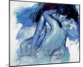 Kissing Couple in Blue-Joani-Mounted Art Print