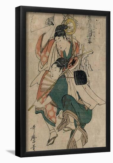 Kitagawa Utamaro; Iseya Magobei / 'New Year dance', ca. 1801, Japanese School, Paper, 325 mm x ...-Kitagawa Utamaro-Framed Poster