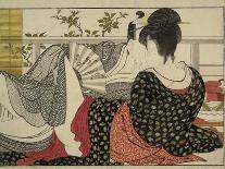 A Young Woman Seated at a Desk, Writing, a Girl with a Book Looks On-Kitagawa Utamaro-Giclee Print
