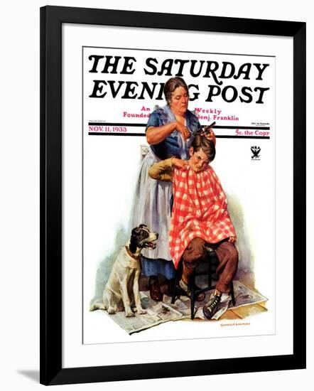 "Kitchen Haircut," Saturday Evening Post Cover, November 11, 1933-Harold Anderson-Framed Giclee Print