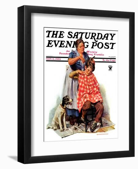 "Kitchen Haircut," Saturday Evening Post Cover, November 11, 1933-Harold Anderson-Framed Giclee Print