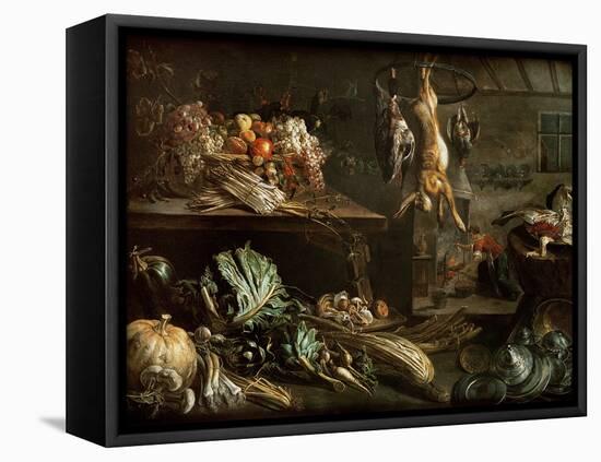 Kitchen Interior with Still Life, Maid by the Fire-Adriaen van Utrecht-Framed Stretched Canvas