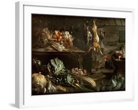 Kitchen Interior with Still Life, Maid by the Fire-Adriaen van Utrecht-Framed Giclee Print