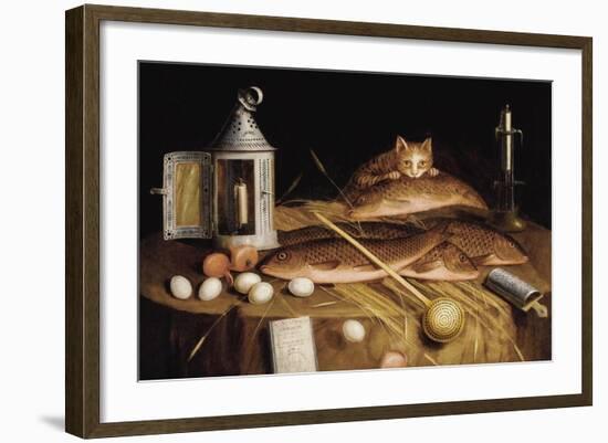 Kitchen Still Life with Fish and Cat-Sebastian Stoskopff-Framed Art Print