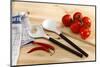 Kitchen Table with Salad Servers, Tomatoes, Chilli-Fact-Mounted Photographic Print