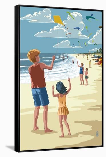 Kite Flyers-Lantern Press-Framed Stretched Canvas