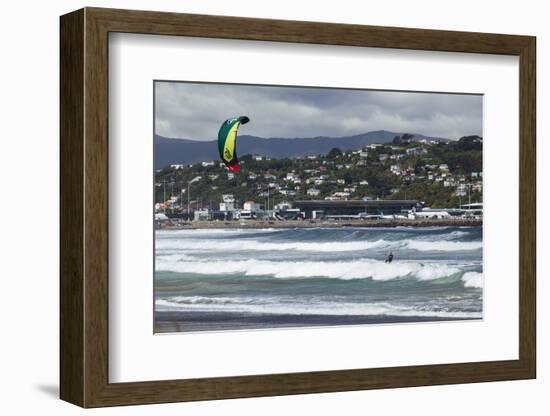 Kite Surfer with Airport in Background, Lyall Bay, Wellington, North Island, New Zealand, Pacific-Nick Servian-Framed Photographic Print