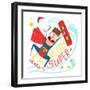 Kite Surfing Caricature Superhero Character Happy Jump. Hero Funny Humor Illustration, Kite and Boa-Popmarleo-Framed Art Print