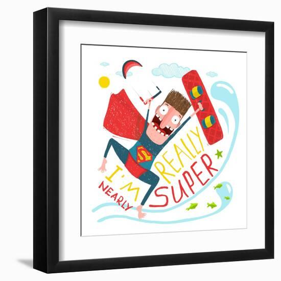 Kite Surfing Caricature Superhero Character Happy Jump. Hero Funny Humor Illustration, Kite and Boa-Popmarleo-Framed Art Print