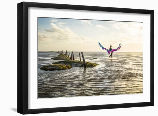 Kiteboarders With Kites During Sunset At The Coast Of The German Sea, St. Peter Ording, Germany-Axel Brunst-Framed Photographic Print