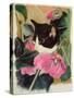 Kitten and Hollyhocks-Anne Robinson-Stretched Canvas