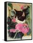 Kitten and Hollyhocks-Anne Robinson-Framed Stretched Canvas