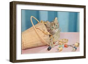 Kitten in Sewing Basket-null-Framed Art Print