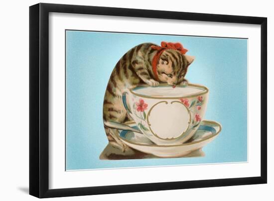 Kitten Lapping at Cup-Found Image Press-Framed Premium Giclee Print