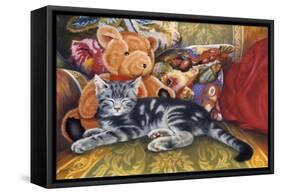 Kitten, Teddy and Cushions-Janet Pidoux-Framed Stretched Canvas