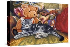 Kitten, Teddy and Cushions-Janet Pidoux-Stretched Canvas