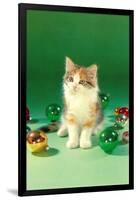 Kitten with Christmas Bulbs, Retro-null-Framed Art Print