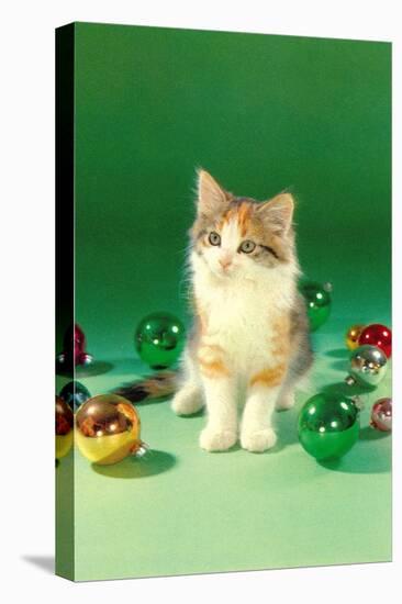 Kitten with Christmas Bulbs, Retro-null-Stretched Canvas