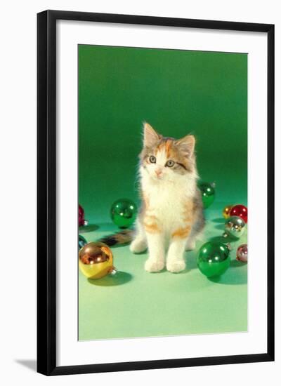 Kitten with Christmas Bulbs, Retro-null-Framed Art Print