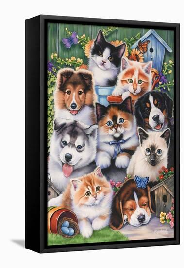Kittens and Puppies in the Garden-Jenny Newland-Framed Stretched Canvas