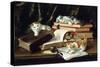 Kittens Playing on Desk, (Oil on Canvas)-Alfred Brunel De Neuville-Stretched Canvas