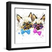 Kittens Twins T-Shirt Graphics. Kittens Twins Illustration with Splash Watercolor Textured Backgro-Dabrynina Alena-Framed Art Print