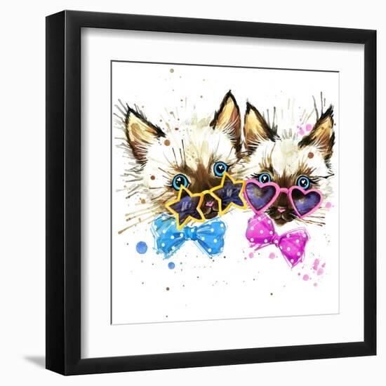 Kittens Twins T-Shirt Graphics. Kittens Twins Illustration with Splash Watercolor Textured Backgro-Dabrynina Alena-Framed Art Print