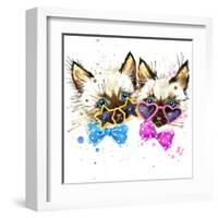 Kittens Twins T-Shirt Graphics. Kittens Twins Illustration with Splash Watercolor Textured Backgro-Dabrynina Alena-Framed Art Print