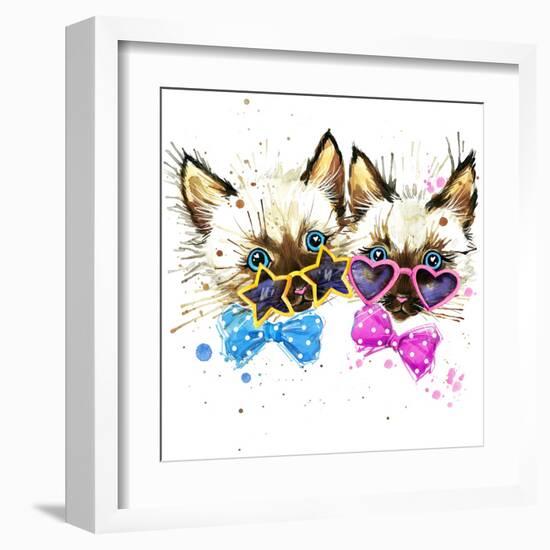 Kittens Twins T-Shirt Graphics. Kittens Twins Illustration with Splash Watercolor Textured Backgro-Dabrynina Alena-Framed Art Print