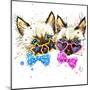 Kittens Twins T-Shirt Graphics. Kittens Twins Illustration with Splash Watercolor Textured Backgro-Dabrynina Alena-Mounted Art Print