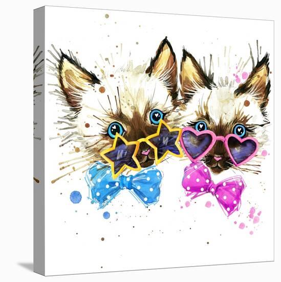 Kittens Twins T-Shirt Graphics. Kittens Twins Illustration with Splash Watercolor Textured Backgro-Dabrynina Alena-Stretched Canvas