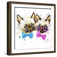 Kittens Twins T-Shirt Graphics. Kittens Twins Illustration with Splash Watercolor Textured Backgro-Dabrynina Alena-Framed Art Print