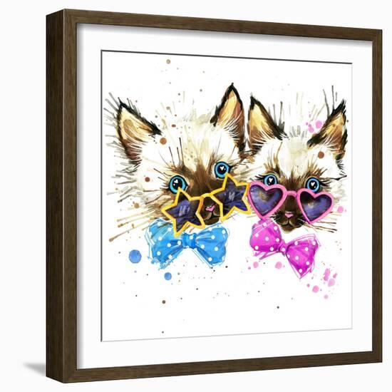 Kittens Twins T-Shirt Graphics. Kittens Twins Illustration with Splash Watercolor Textured Backgro-Dabrynina Alena-Framed Art Print