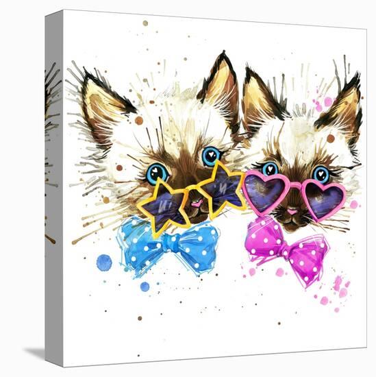 Kittens Twins T-Shirt Graphics. Kittens Twins Illustration with Splash Watercolor Textured Backgro-Dabrynina Alena-Stretched Canvas