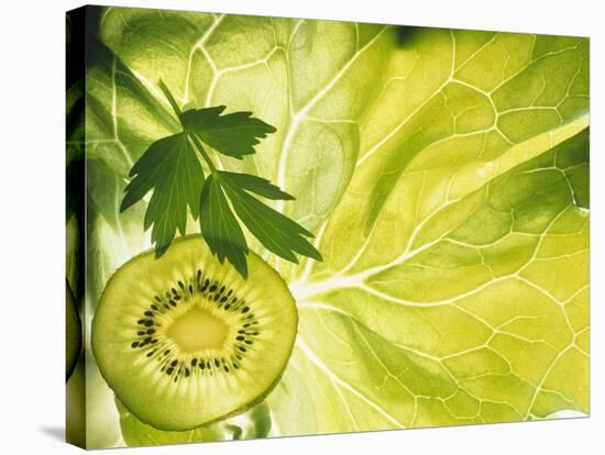 Kiwi Slice and Sprig of Parsley on a Lettuce Leaf-Peter Rees-Stretched Canvas