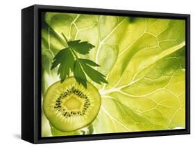 Kiwi Slice and Sprig of Parsley on a Lettuce Leaf-Peter Rees-Framed Stretched Canvas