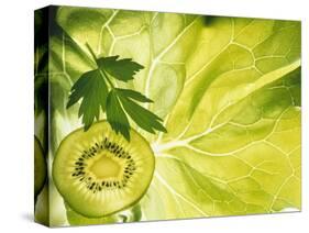 Kiwi Slice and Sprig of Parsley on a Lettuce Leaf-Peter Rees-Stretched Canvas