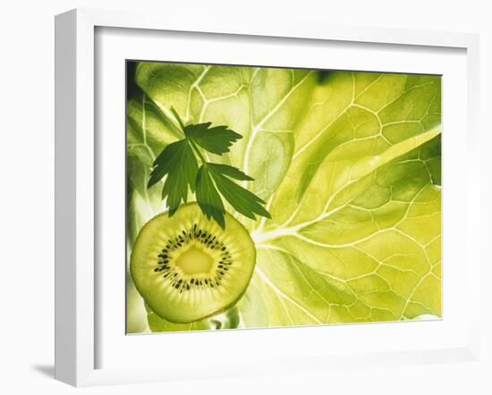 Kiwi Slice and Sprig of Parsley on a Lettuce Leaf-Peter Rees-Framed Photographic Print