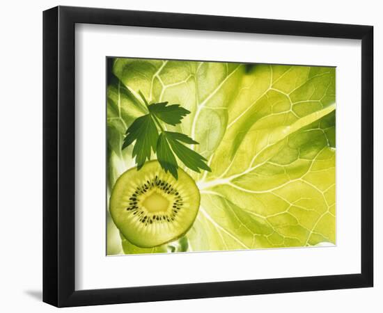 Kiwi Slice and Sprig of Parsley on a Lettuce Leaf-Peter Rees-Framed Photographic Print