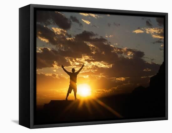 Klan00084 Silhouette Sunset Man Happy Sky in the New Mexico Sandia Mountains-Kevin Lange-Framed Stretched Canvas