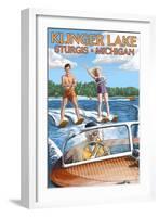 Klinger Lake - Sturgis, Michigan - Water Skiing and Wooden Boat-Lantern Press-Framed Art Print